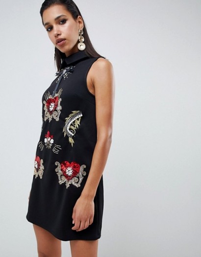 ASOS DESIGN Black Scuba Mini Dress with Heart Embellishment / beads and sequins / lbd
