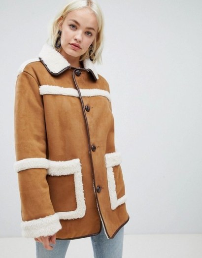ASOS DESIGN vintage style borg jacket in brown | fur trimmed faux suede | autumn tones | vintage look winter coats - flipped