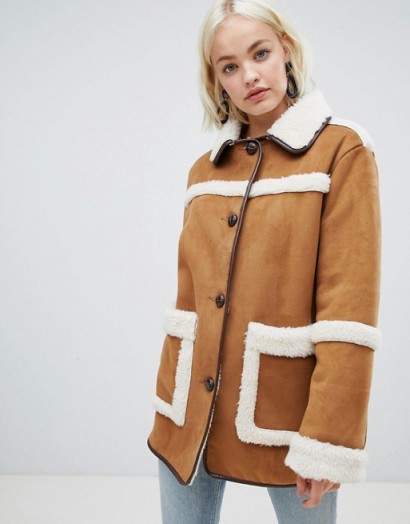 ASOS DESIGN vintage style borg jacket in brown | fur trimmed faux suede | autumn tones | vintage look winter coats