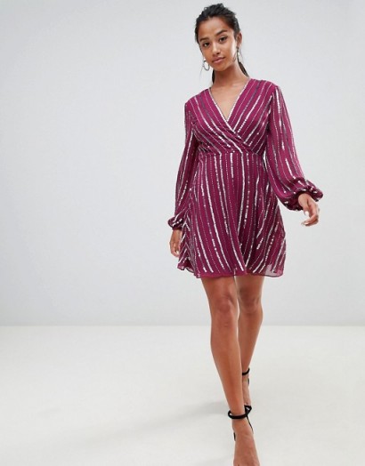 ASOS DESIGN Petite exclusive sequin wrap dress with 70’s sleeve | sequinned party frock