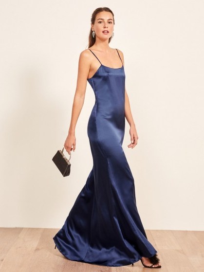 REFORMATION Athena Dress Caspian ~ long blue slip dresses - flipped