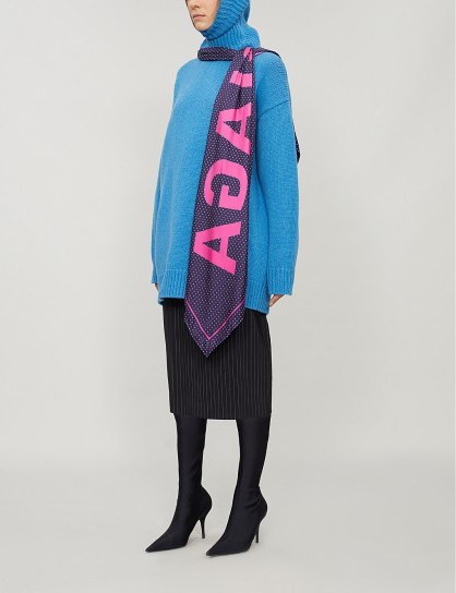 BALENCIAGA Scarf-trimmed oversized blue wool jumper ~ hooded longline jumper - flipped