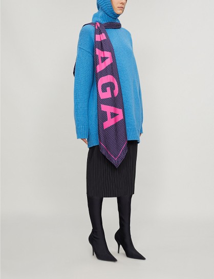 BALENCIAGA Scarf-trimmed oversized blue wool jumper ~ hooded longline jumper