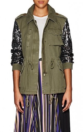 BARNEYS NEW YORK Sequined-Sleeve Olive Cotton Twill Military Jacket ~ utilitarian glamour - flipped