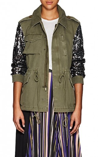 BARNEYS NEW YORK Sequined-Sleeve Olive Cotton Twill Military Jacket ~ utilitarian glamour