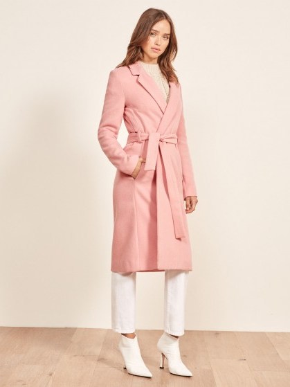 Reformation Barton Coat in Rosy | pink belted wrap - flipped