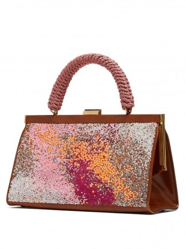GERMANIER Bead-embellished brown leather bag ~ beaded top handle handbag - flipped