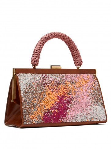GERMANIER Bead-embellished brown leather bag ~ beaded top handle handbag