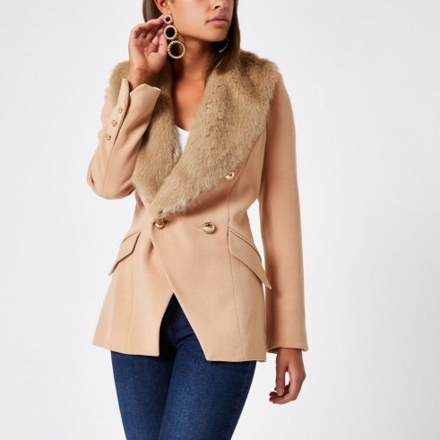 RIVER ISLAND Beige faux fur trim double breasted jacket – detachable collar – chic blazer - flipped