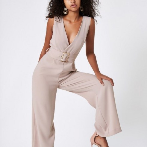 River Island Beige wide leg belted jumpsuit – sleeveless plunge front jumpsuits - flipped