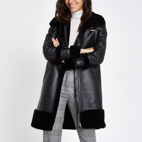 RIVER ISLAND Black faux leather oversized aviator jacket – luxe style winter coats