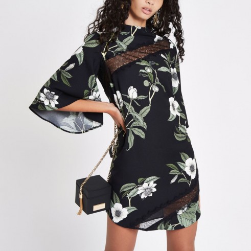 RIVER ISLAND Black floral lace trim swing dress – semi sheer panels – wide sleeves