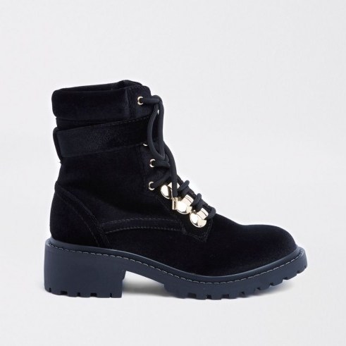 RIVER ISLAND Black lace-up chunky boots – faux suede buckle boot - flipped