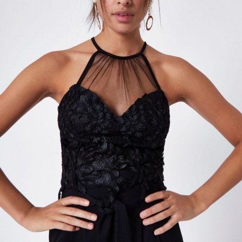 RIVER ISLAND Black leaf lace mesh insert bralet – strappy cross back top - flipped