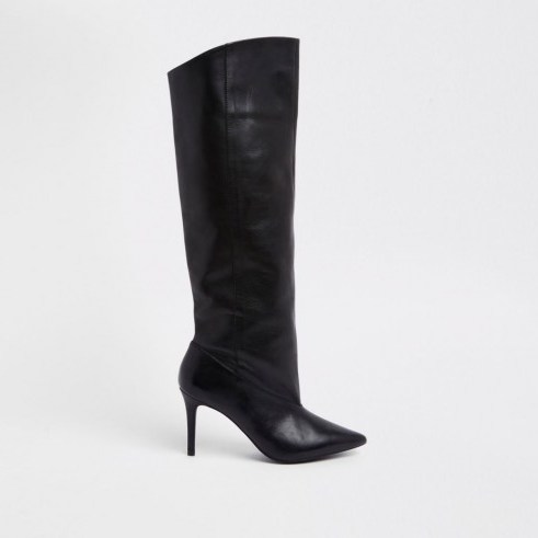 RIVER ISLAND Black leather knee high boots – pointy toe stiletto heel boot - flipped