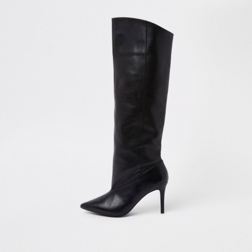 RIVER ISLAND Black leather knee high boots – pointy toe stiletto heel boot