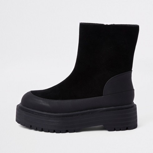River Island Black suede fabric chunky sole boots – platform ankle boot