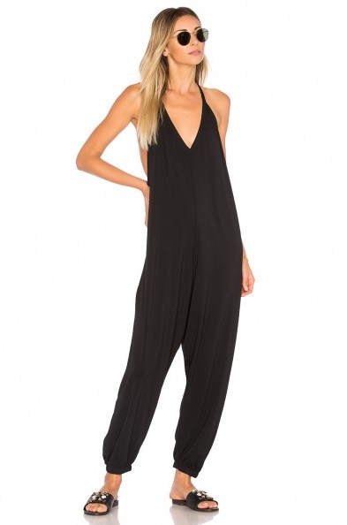 Bobi DRAPED JUMPSUIT in Black | plunge front | cuffed hems | relaxed fit - flipped