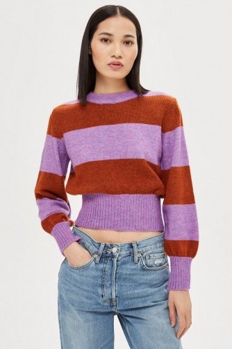 Topshop Bold Stripe Crew Neck Jumper in Purple and brown | retro knitwear - flipped