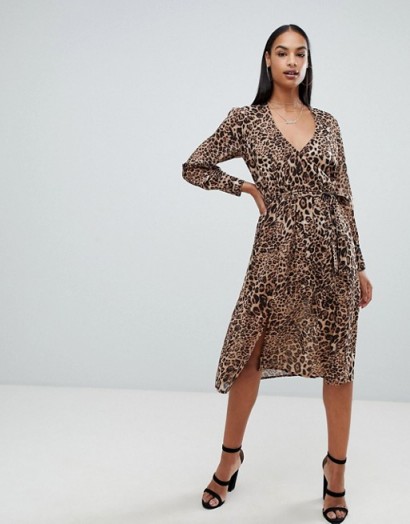 Boohoo long sleeve wrap front midi dress in leopard in Brown ~ glam animal prints