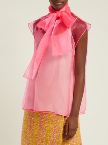 PRADA Bow-neck neon-pink organza blouse ~ feminine semi sheer top