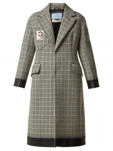 PRADA Bow-trim houndstooth wool-blend coat / black trimmed dogtooth overcoat - flipped