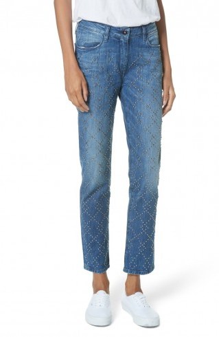 BROCKENBOW Cale Lily Studded Ankle Straight Leg Jeans in Tokyo Blue ~ stud covered denim - flipped