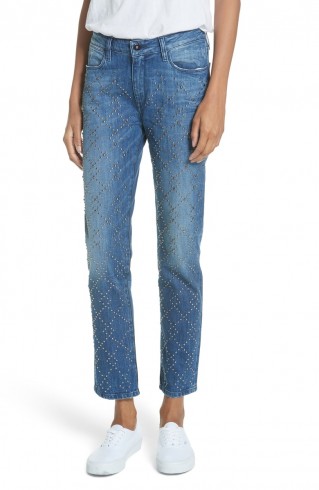 BROCKENBOW Cale Lily Studded Ankle Straight Leg Jeans in Tokyo Blue ~ stud covered denim