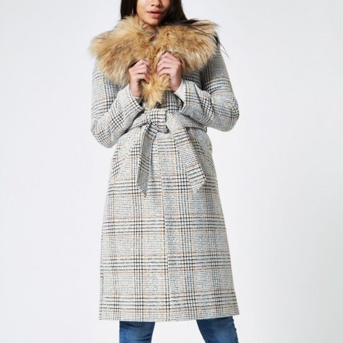 River Island Brown check print belted faux fur robe coat – glamorous winter coats - flipped