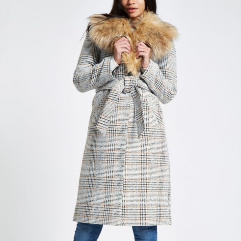 River Island Brown check print belted faux fur robe coat – glamorous winter coats
