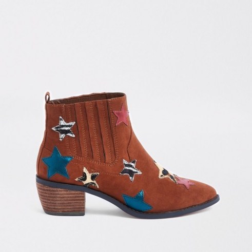 RIVER ISLAND Brown star print block heel ankle boots – stacked chunky heels - flipped