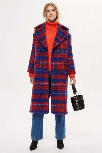 TOPSHOP Brushed Check Zip Back Coat – blue & red checks - flipped