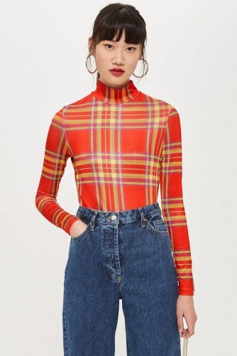 Topshop Red Check Slinky Funnel Top | fitted tartan turtleneck - flipped