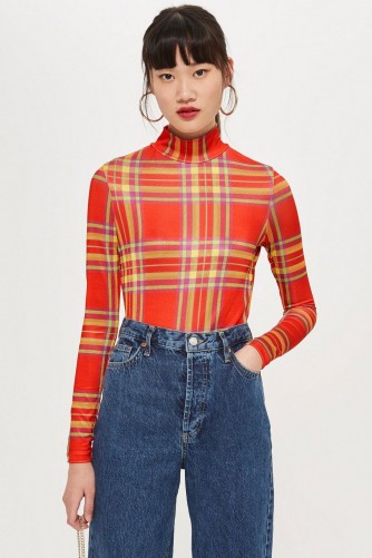 Topshop Red Check Slinky Funnel Top | fitted tartan turtleneck