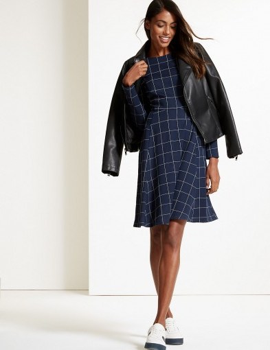 M&S COLLECTION Checked Long Sleeve Skater Dress Navy Mix / blue check print fit and flare - flipped
