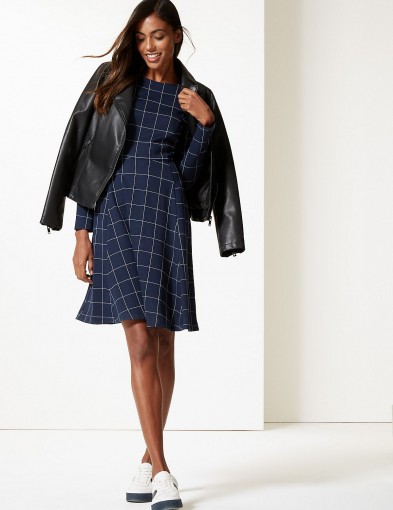 M&S COLLECTION Checked Long Sleeve Skater Dress Navy Mix / blue check print fit and flare