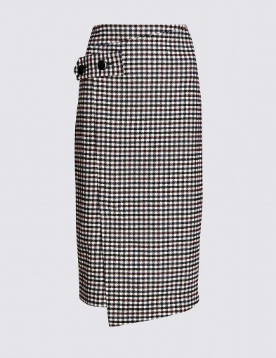 M&S COLLECTION Checked Pencil Midi Skirt with Wool Burgundy Mix / asymmetric wrap style - flipped