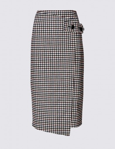 M&S COLLECTION Checked Pencil Midi Skirt with Wool Burgundy Mix / asymmetric wrap style