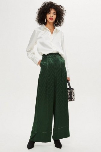 Topshop Chevron Contrast Stitch Trousers in Green | silky wide leg pants - flipped