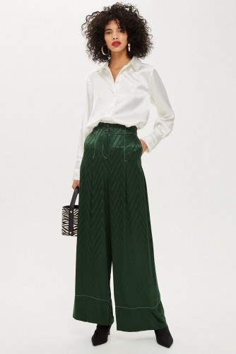 Topshop Chevron Contrast Stitch Trousers in Green | silky wide leg pants