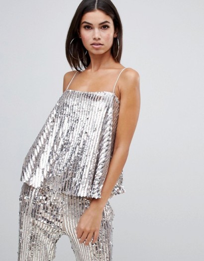 Club L embellished cami top co-ord in silver – metallic camisole