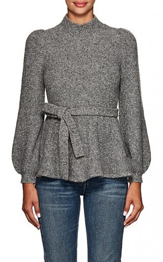 CO Grey Cashmere-Blend Belted A-Line Sweater ~ feminine knitwear - flipped