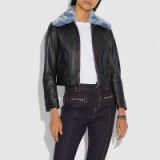COACH X Selena Black Leather Jacket With Blue Faux Fur Collar | casual autumn style
