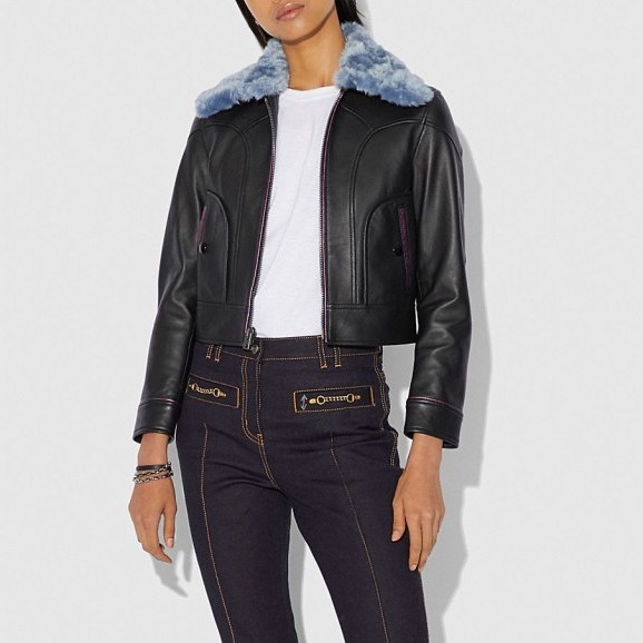 COACH X Selena Black Leather Jacket With Blue Faux Fur Collar | casual autumn style - flipped