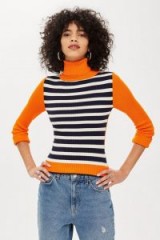 Topshop Colour Block Roll Neck Jumper in Orange and Monochrome stripe | retro sweater