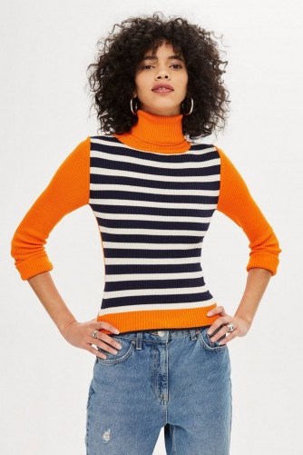Topshop Colour Block Roll Neck Jumper in Orange and Monochrome stripe | retro sweater - flipped
