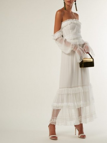 JONATHAN SIMKHAI White Corset-style ruffled tulle dress ~ feminine semi sheer bardot design - flipped