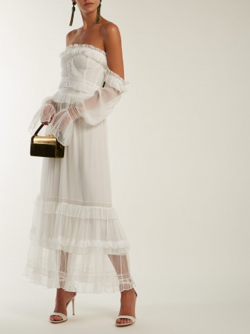 JONATHAN SIMKHAI White Corset-style ruffled tulle dress ~ feminine semi sheer bardot design