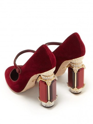 DOLCE & GABBANA Crystal-embellished Mary-Jane burgundy velvet pumps ~ jewelled block heels - flipped