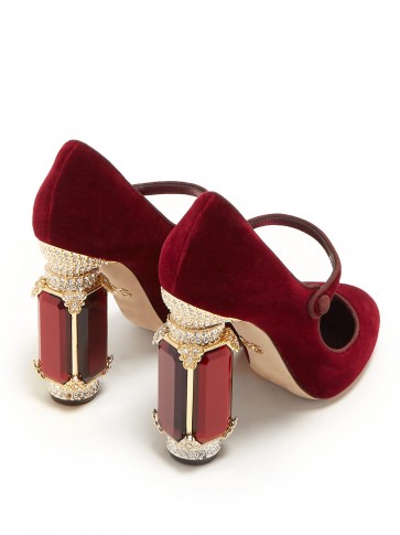 DOLCE & GABBANA Crystal-embellished Mary-Jane burgundy velvet pumps ~ jewelled block heels